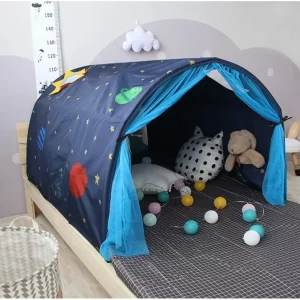 Pop Up Star Blue Pink Bed Tent blue entrance view